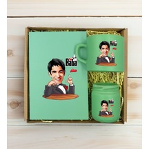 Bk Gift Kişiye Özel Dtf The Baba Karikatürlü Yeşil Defter + Kahve Fincanı + Mum Seti 2