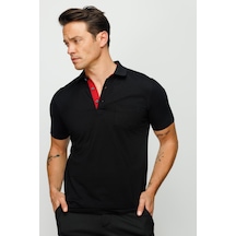 Desen Triko Erkek Polo Yaka Düğmeli Cepli T-Shirt 23201 Siyah