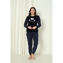 Wordex Fawn 5006 Peluş Welsoft Polar Kışlık Yumoş Kadın Pijama Takımı Uyuyan Kedili 3317 Lacivert