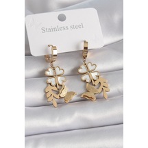 316l Çelik Gold Renk Beyaz Sedefli Yonca Simli Kelebek Figür Kadın Küpe Çok Renkli