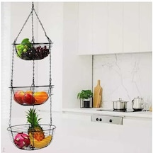 Novahub Demir Asılı Meyve Sepeti Retro, 3 Katmanlı Organizatör, Paslanmaz, Mutfak Dekorasyonu Siyah