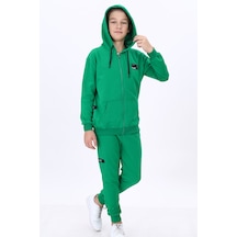 Toontoy Kids Toontoy Erkek Çocuk 2'li Takım Baskılı Arma Detaylı Kapüşonlu Fermuarlı Cepli Sweatshirt & Beli Paçası Lastikli Cepli Jogger Eşofman Altı - 2 İplik Çimen Yeşili