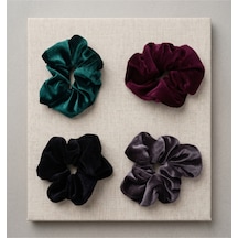 4'lü Set Koyu Tonlar Düz Desen Kadife Kumaş Büzgülü Scrunchie Lastik Toka Çok Renkli