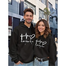Nevermınd Faith Hope Love Baskılı Hoodie - Unisex Kapüşonlu Sweatshirt Çift Kombini 2'li Set Takım Siyah Siyah