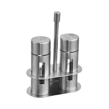 Mat Çelik 3 Parça Tuz Karabiber Standlı Baharatlık Set Cin972 Gri