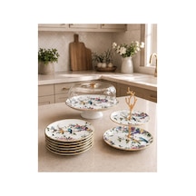 Flora 8 Parça Kuş Desenli Seramik Pasta Sunum Tabağı Seti Çok Renkli