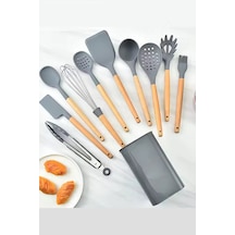 Gri 11'li Bambu Saplı Silikon Servis Seti - Kepçe, Kevgir, Maşa