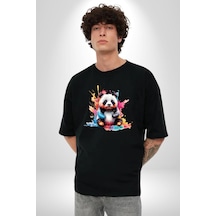 Renkli Yavru Panda Pamuklu Bisiklet Yaka Unisex Oversize Boyfriend Dijital Baskılı Siyah T-shirt Siyah