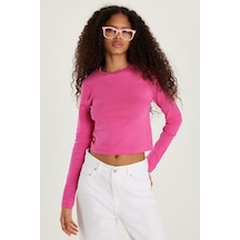 Tudors Kadın Slim Fit Pamuklu Uzun Kol Düz Bisiklet Yaka Fuşya Bluz-33484 Fuşya