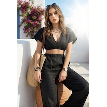 Fashion Cocktail Relax İnce Keten Bel Lastikli Pantolon Sırt Lastikli Damla Model Göbek Açık Bohem Crop Yazlık Takım Siyah
