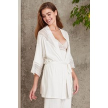 Pierre Cardin 2820 Kadın Penye Dantelli Sabahlıklı Pijama Takım-ekru Ekru