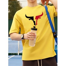 Boğa Sembol T-shirt - Sarı Baskılı Oversize Bisiklet Yaka Kısa Kol Tişört Sarı