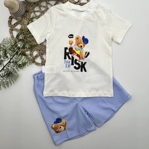 Pekminibebe 1-2-3 Yaş Kaykaycı Ayı Baskılı Şortlu Kısa Kollu Tişört 2li Erkek Bebek Takımı Ekru