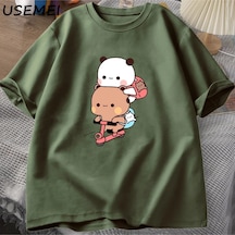 Flood Of Style Panda Ve Brownie Ayı Çift Bisiklet Sürme T-shirt Boy Komik Karikatür T Shirt Erkekler Pamuk O Yeşil