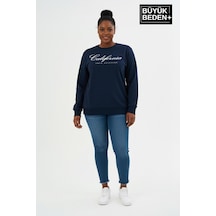 Süperlife Kadın Büyük Beden El Yazılı California Baskılı Bisiklet Yaka İnce Sweatshirt Spr26bswk956-7 Lacivert