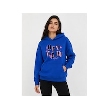 Herkesemoda Hey You Baskılı Kapüşonlu 2 İplik Şardonlu Sweatshirt Mavi
