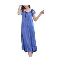 Koyu Mavi Yaz Gecelik Bağcıklı Uyku Rahat Güzel Sahte Saten Yaz Gevşek Gecelik Ev Giyim Xl Koyu Mavi