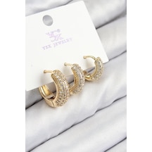 Pirinç Zirkon Taşlı 3'lü Halka Model Gold Renk Kadın Küpe - Tj-bkp11134 Çok Renkli