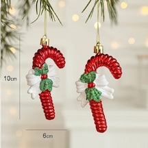 Vıp Deluxe 3 Adet Fiyonklu Baston Çubuk Yılbaşı Ağaç Süsü 10 Cm Parlak Simli Kırmızı Noel Süsleri