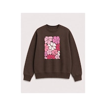 Herkesemoda Renkli Çiçekler Baskılı 2 İplik Şardonlu Bisiklet Yaka Sweatshirt Kahverengi