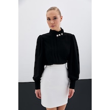 Sateen Nervür Detaylı Bluz - Siyah-135421 Siyah