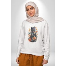 Çiçekli Siyah Kedi Etiket Unisex Beyaz Baskılı Sweatshirt Beyaz
