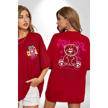 Serin Ve Mutlu Kal Kırmızı Oversize Unisex Ön Ve Sırt Baskılı Tişört Kırmızı
