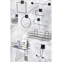 Karteya 9'lu Set Siyah Fön Makinesi Askısı Havluluk Wc/tuvalet Kağıtlık Rulo Havluluk Şampunanlık Banyo Set Siyah