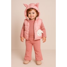 Uğur Bebe Kışa Meydan Okuyan Pembe 3 Lü Set: İçi Polar Kapüşonlu Şişme Yelek+kalın Tek Alt + Sweatshirt Pembe Pembe