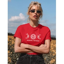 Unisex Sun Moon Ön Baskılı Oversize T-shirt Kırmızı