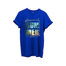Dream Of Summer Yazılı Palmiye Ve Sahil Temalı %100 Pamuk Regular Fit Unisex T-shirt Mavi