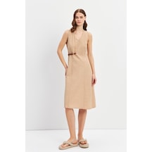 Stella Pulvis Bej Biyeli Kemer Detaylı Keten Midi Elbise