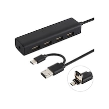 3'ü 1 Usb-c / Typ-c + Mıcro Usb + 4 X Usb 2.0 Bağlantı Noktası Hub Dönüştürücü, Kablo Uzunluğu: 12cm Siyah