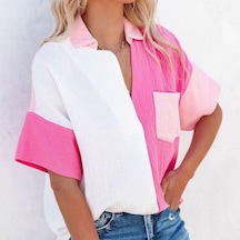 Yaz Moda Rahat Gevşek Gömlek Kadın Patchwork Renk Kısa Kollu Pamuklu Bluz Kadın Düğme Yukarı Gömlek Elbise Tops 26436 Gül Kırmızısı Fuşya