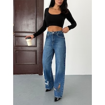 Kadın Nakış Detaylı Wide-leg Jean Kot Pantolon Mavi