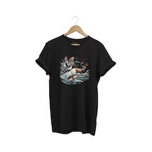 Avcılık Temalı Geyik, Ördek Ve Balık Tasarımlı %100 Pamuk Unisex Regular Fit T-shirt Siyah