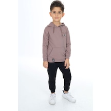 Toontoy Kids Toontoy Erkek Çocuk 2'li Takım Baskılı Kapüşonlu Cepli Sweatshirt & Beli Paçası Lastikli Cepli Jogger Eşofman Altı - Renk Bloklu & 2 İplik Kahverengi