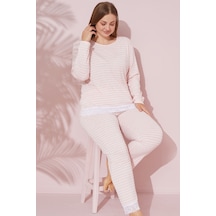 Siyah İnci Dantel Detaylı Pamuklu Curve Büyük Beden Battal Boy Örme Pijama Takım 24240696 Somon