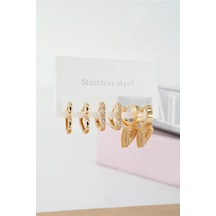 By Zeyna Aksesuar Kadın Vip Seri Baget Zirkon Taşlı Kalp Model Klipsli 6'lı Set Küpe-5107 Altın