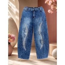 Büyük Beden Denim Beli Lastikli Taşlı Yırtık Detaylı Bol Kesim Kadın Pantolon Mavi