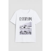 Kadın Bisiklet Yaka %100 Pamuk Bodrum Baskılı Kısa Kollu T-shirt