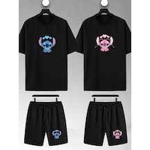 Unisex Kadın Erkek Stitch Angel Baskılı Sevgili Çift Kombini Tasarım Oversize Tshirt Ve Şort Siyah Mck2201 Siyah