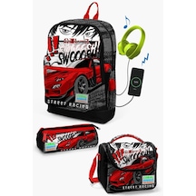 Coral High Kids Siyah Kırmızı Anime Araba Desenli Usb'li 3 Lü Okul Çanta Seti Set0123847 Çok Renkli