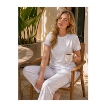 Rindahomewear Kadın Alaçatı Kumaş Yıldız Desenli Kısa Kollu Yazlık Pijama Takımı Moryıldız