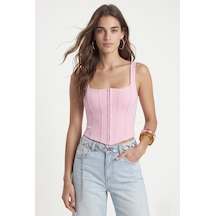Ritnice Kadın Jonette %100 Pamuk Penye Kanca Detaylı Korse Görünümlü Yumuşak Pembe Örme Bluz