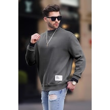 Madmext Füme Bisiklet Yaka Oversize Şardonlu Arma Detaylı Erkek Sweatshirt 7043 Füme