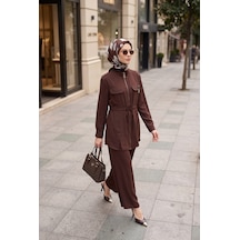 Armine Trend Fermuarlı Dik Yaka Bel Büzgülü Pantolonlu İkili Tesettür Takım Kahverengi 26yt6180
