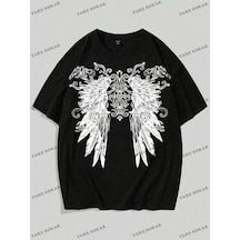 Startmore Kod Trend Grunge Punk Erkek Kanat Baskı Yuvarlak Yaka Tişört Siyah
