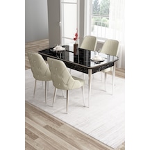 Canisa Tia Serisi 80x132 Mdf Açılabilir Siyah Mermer Desen Krom Detay Masa Takımı Ve 4 Krem Sandalye Masa Siyah Mermer Desen Sandalye Krem