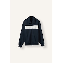 Defacto Boxy Fit Polo Yaka Fermuarlı Şeritli Sweatshirt Hırka I0631ax26aunv146 Lacivert-nv146